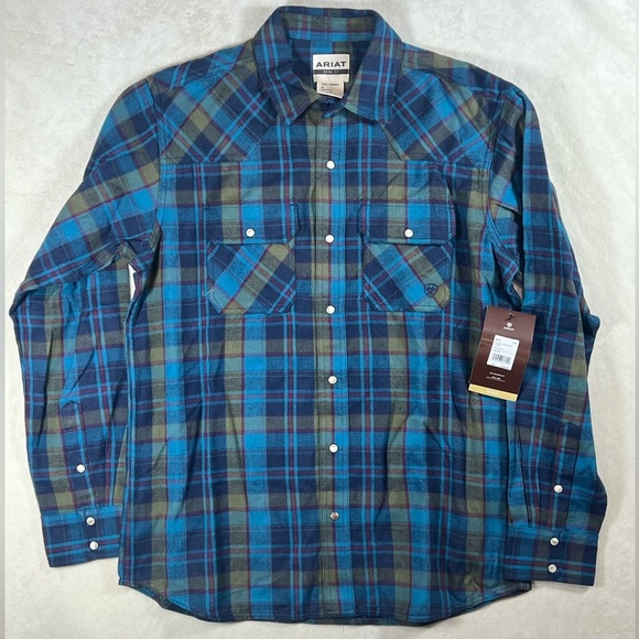 NWT Ariat L Blue Green Casual Retro Fit Plaid Pearl Button Snap Flannel Shirt - Picture 1 of 8